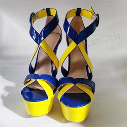 SEIIHEM Women Sandals Open Toe Strappy Platform Color Blocking Thin High Heels Pump Ladies Handmade Shoes Women Plus Size 43 47