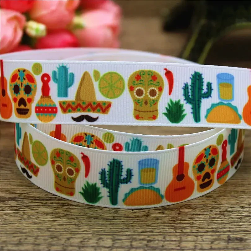 DHK 22mm 10yards Mexican Flowers Skull Printed Grosgrain Ribbon Accessories Headwear Decoration Collar DIY Sewing Craft B2384