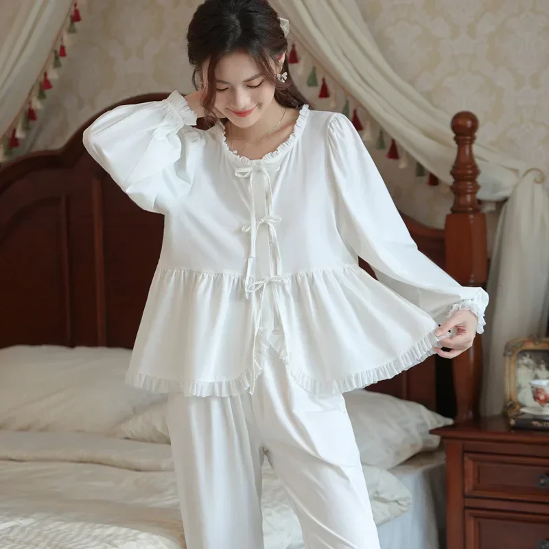 

Fairy Cotton Tops Pants Loungewear Women Long Sleeve Pajama Princess Sleepwear Spring Autumn Vintage Round Neck Pajamas Sets