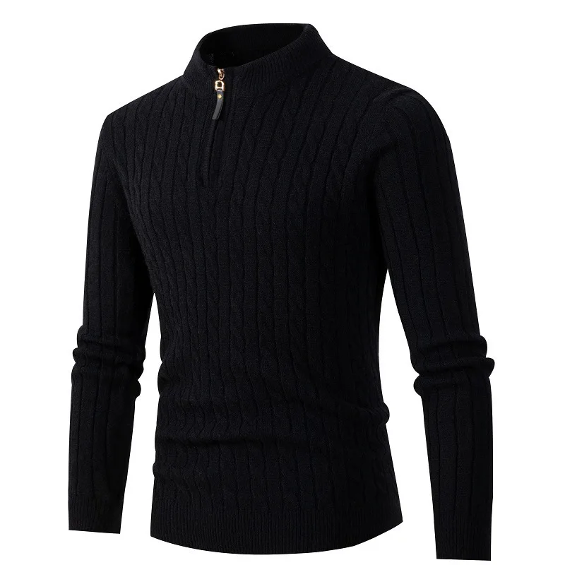 

England Autumn Winter New Fashion Men's Half High Collar Zipper Solid Color Simple Basic Casual Trendy Knitted Sweater Pullovers