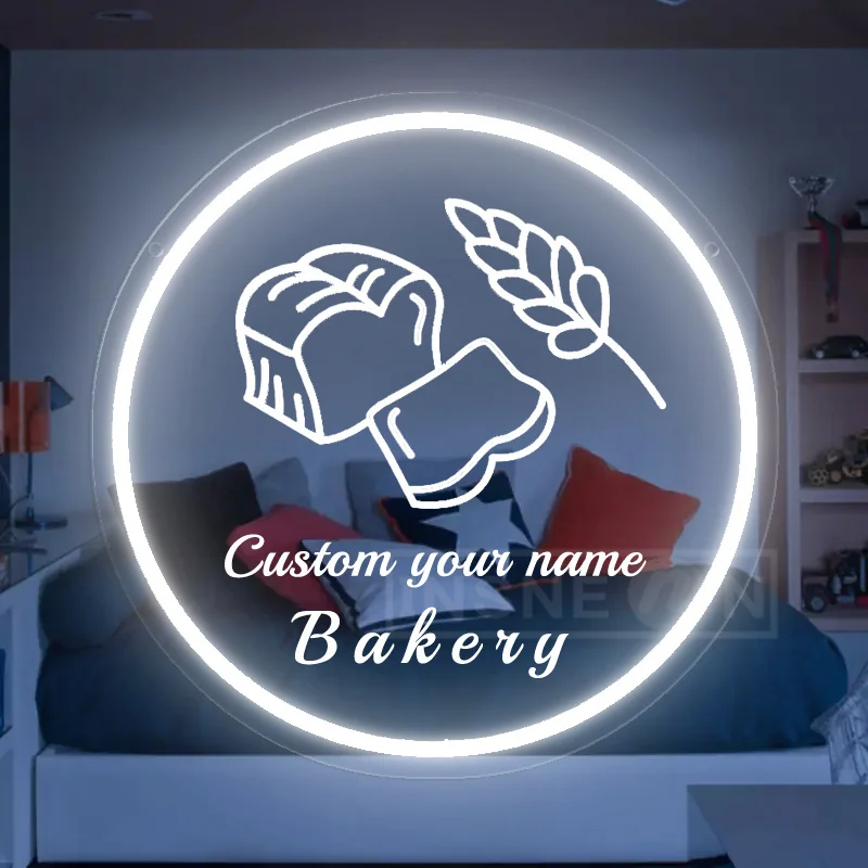 Custom Neon LED Bakery Sign USB-Powered with Switch Personalized Circular Design Bread Hand Illustration for Kitchen Cafe Decor