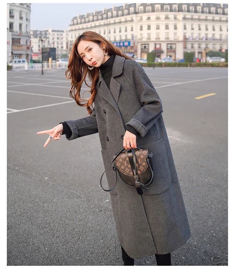 Woolen Coat Women's Mid-length Autumn and Winter New Hepburn Style Loose Over-the-knee Gray Thick Woolen Coat