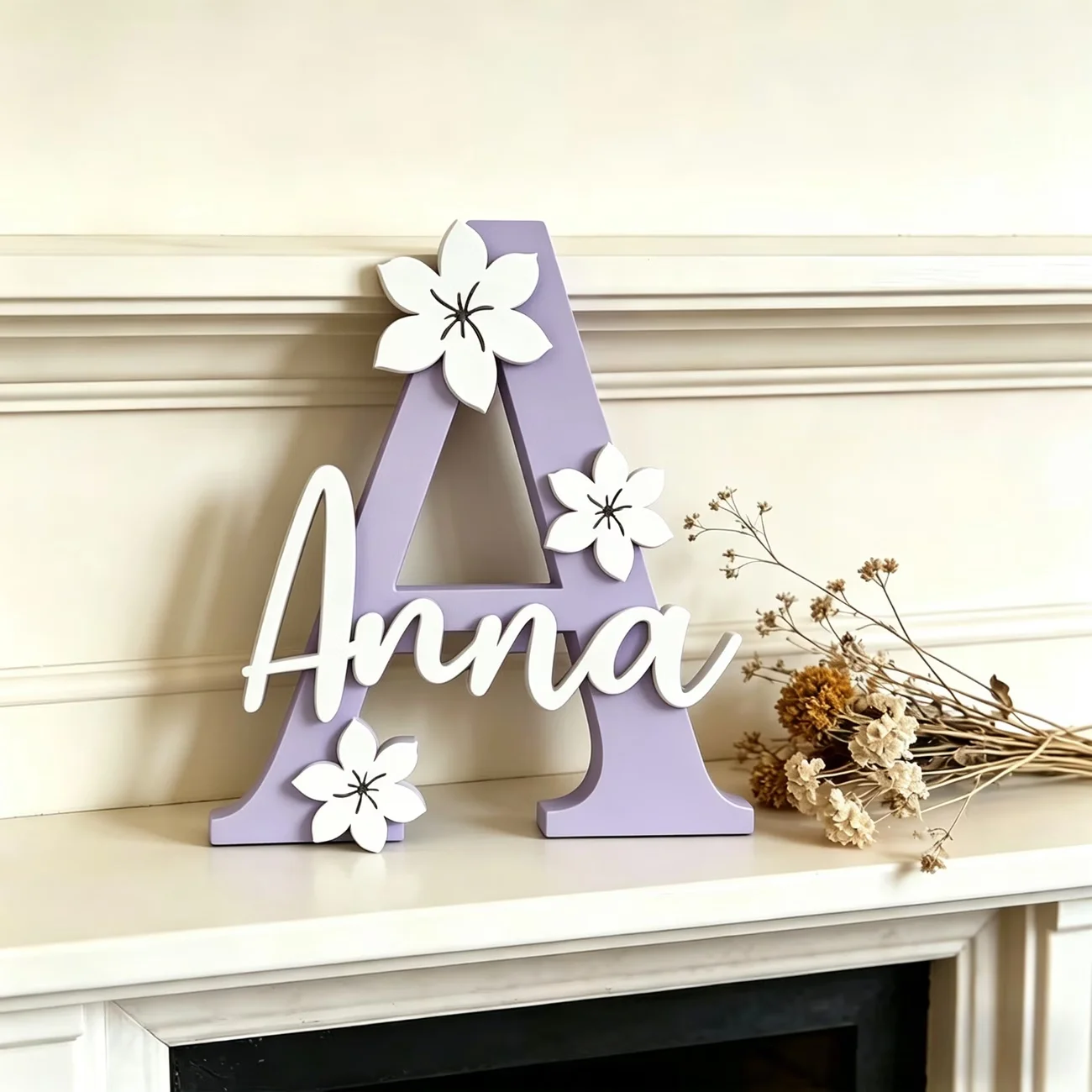 1Pc Custom White Blossom Cutouts Letter Wooden Name Plaque,Home Room Office Wall Door Decor,DIY Paintable,Birthday Wedding Gift
