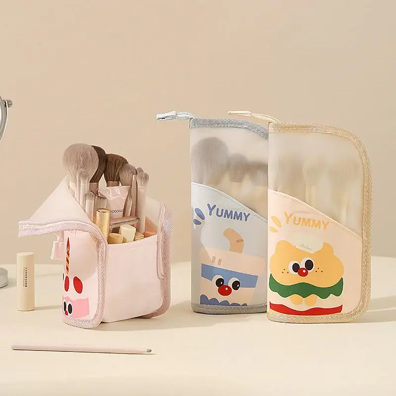 Cute Cartoon Makeup Brush Holder Bag With Transparent Design Large Capacity Perfect For Daily Makeup And Travel Use