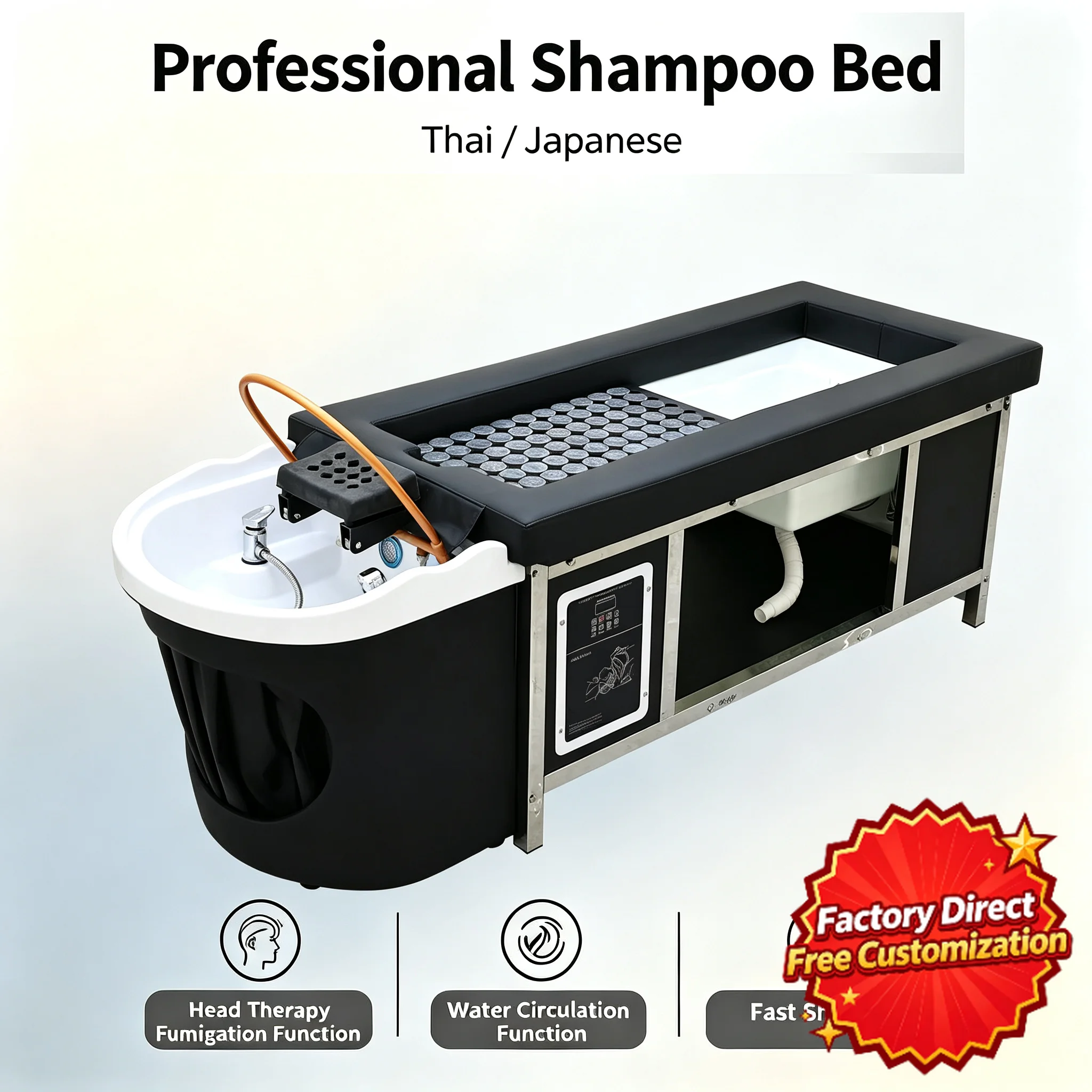 Professional Spa Thai Shampoo Bed Multifunctional Hair Washing Massage Table With Storage Cabinet Barber Salon Furniture