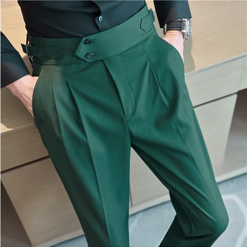 British Style Autumn New High Waist Trousers Men Belt Design Slim Fit Suit Pants Office Social Wedding Party Formal Pants Hommes