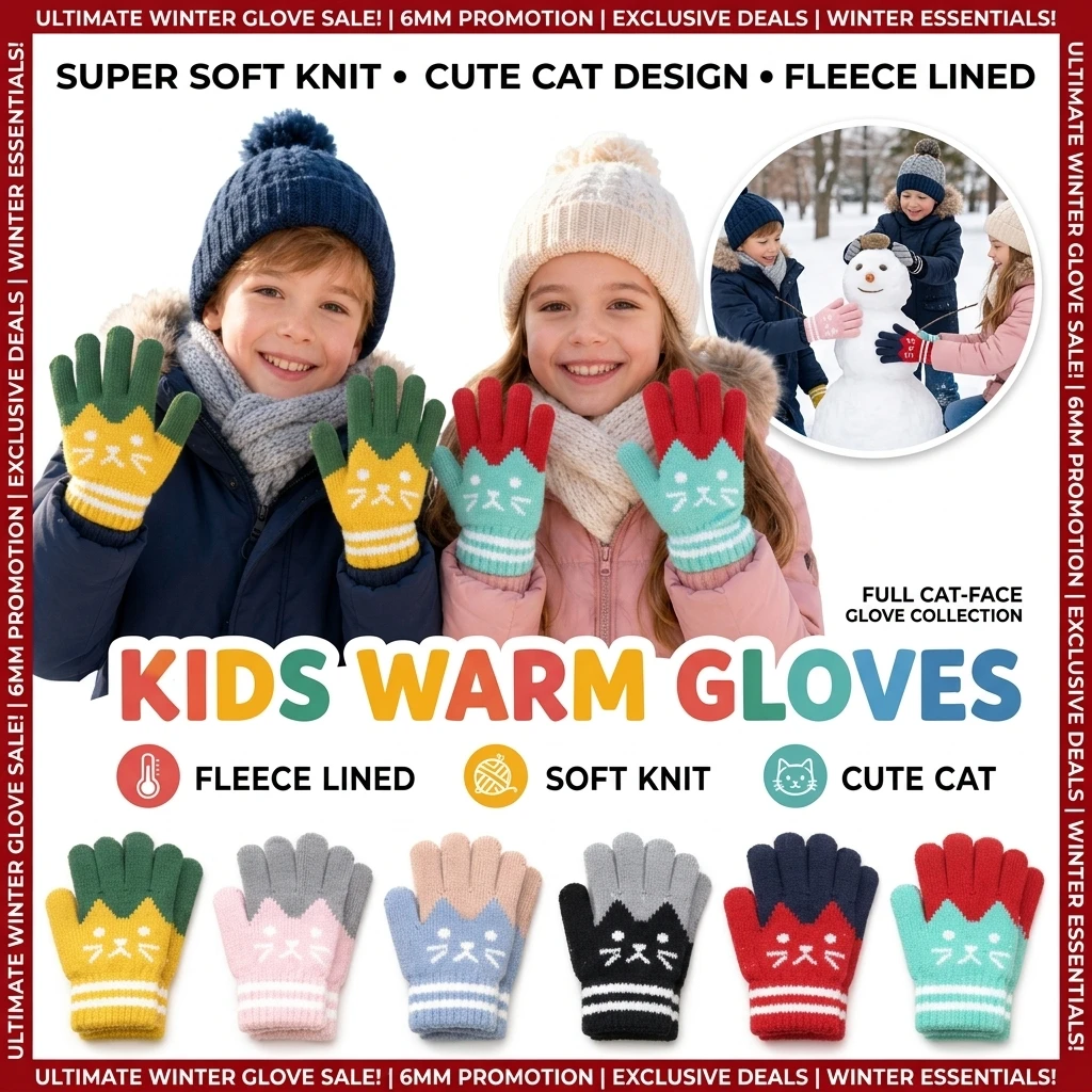 Winter Children Knitted Gloves Thick Woolen Kids Five Fingers Glove 8-12year Boy Girl Baby Hand Warmer Cute Cartoon Kids Mittens
