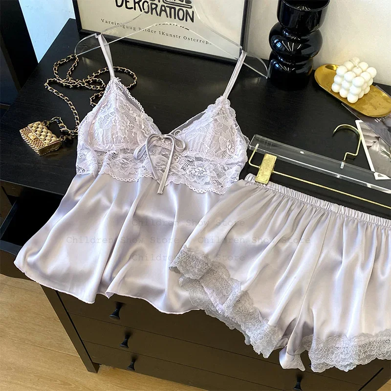 

Satin Homewear Lace Floral Bow Nightgown Sexy Pijamas De Mujer 2Pcs Elegant Pyjamas Femme Sleepwear Short Pajama Sets Lingerie