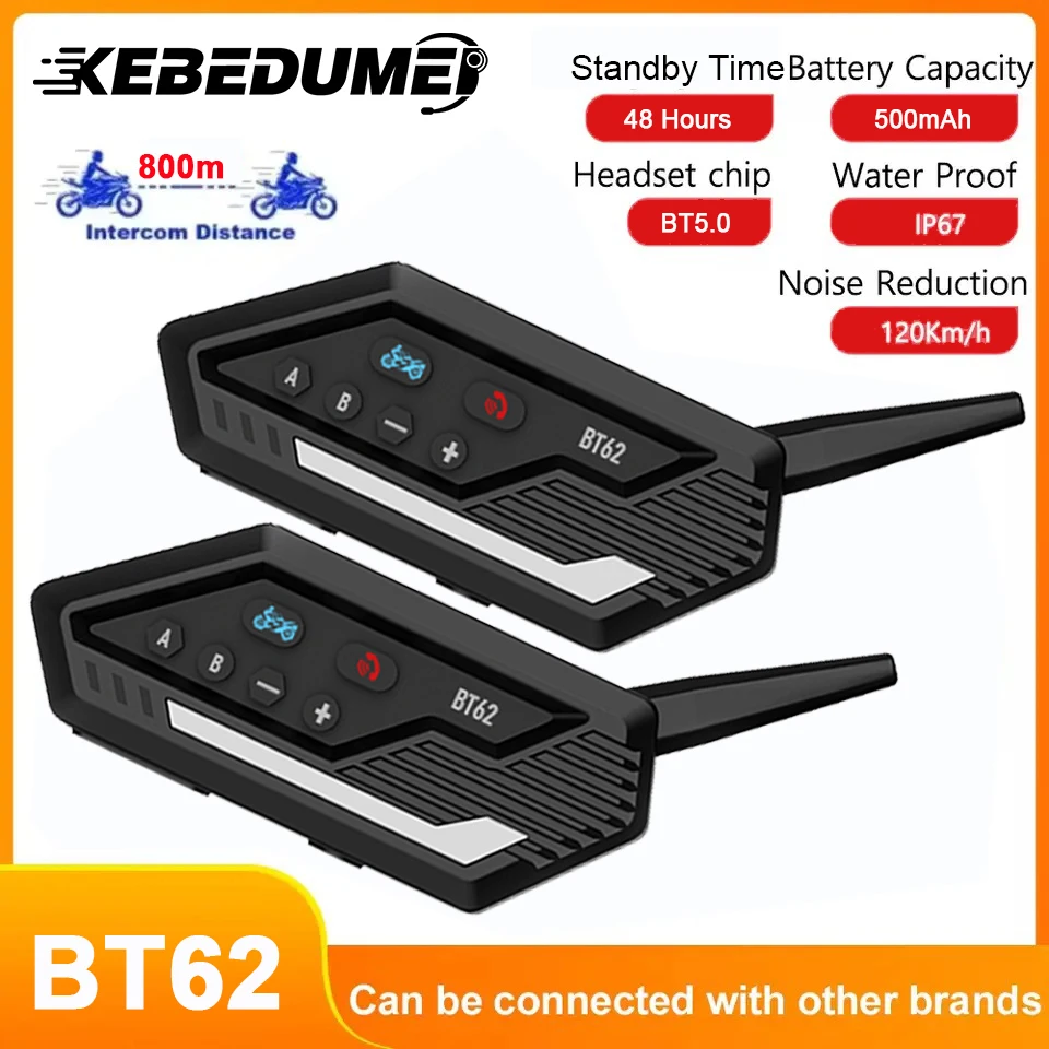 

1/2pcs BT62 Motorcycle Bluetooth Helmet Headset Intercom 800M for Motorbike 2 Riders 500mAh Wireless Waterproof Interphone