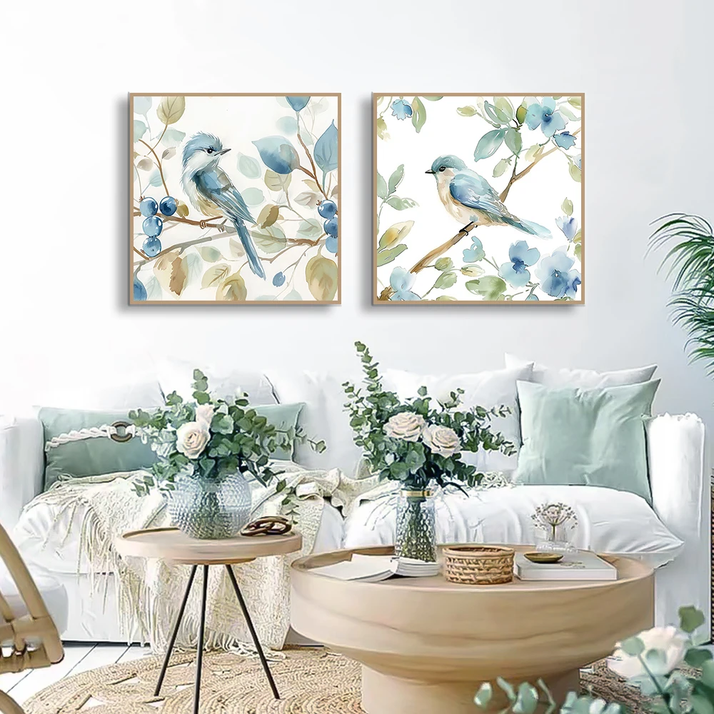 Abstract Bird on Branch Canvas Painting Nature Wall Painting Watercolour Summer Poster Living Room Decorative Painting No Frame