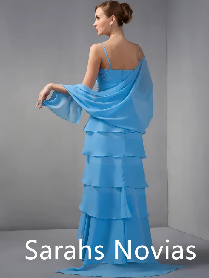 Blue High Low Tiered Chiffon Mother Of The Bride Dresses With Wrap Shawls Ruched Mother's Formal Wear Plus Size For Wedding