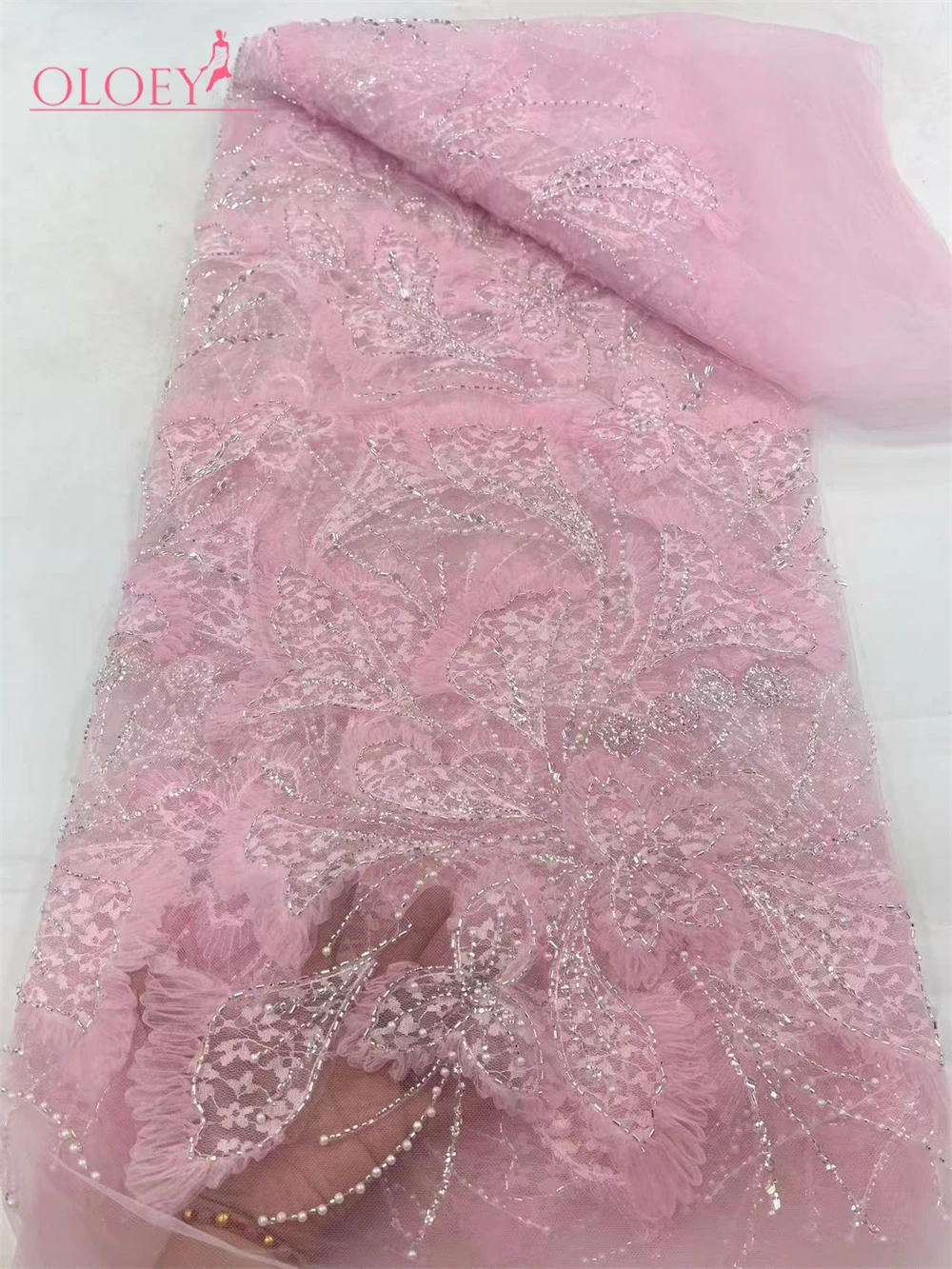 2024 Latest Hot Sale Fashion Africa Lace Fabric High Quality Handmade Embroidery Lace With Beads Sequins Party For Wedding Dress