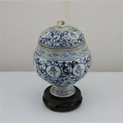 Chinese Ming Blue and White Porcelain Lotus Shou Pattern Pot Tea Caddy 5.91 inch