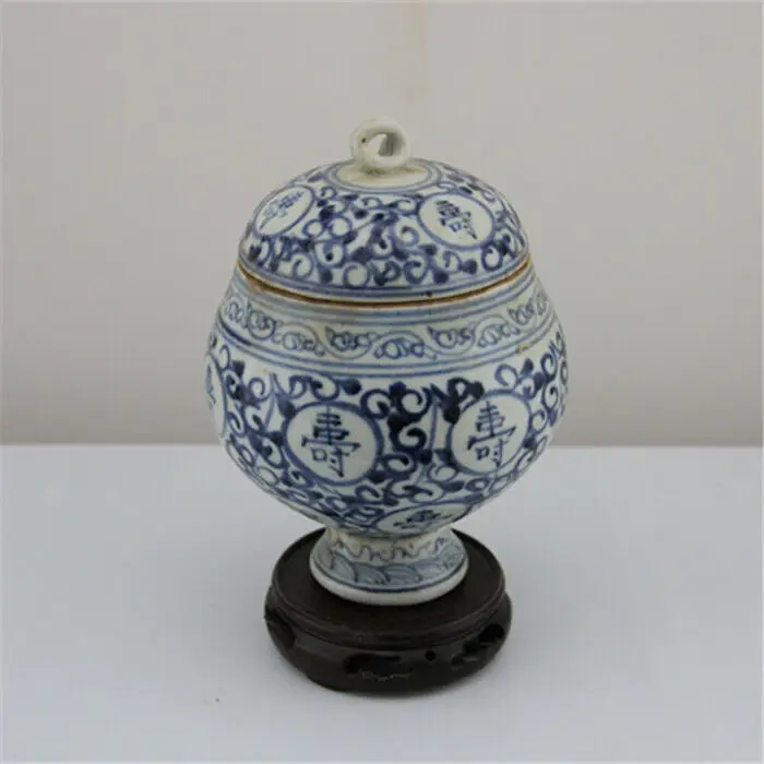 Chinese Ming Blue and White Porcelain Lotus Shou Pattern Pot Tea Caddy 5.91 inch