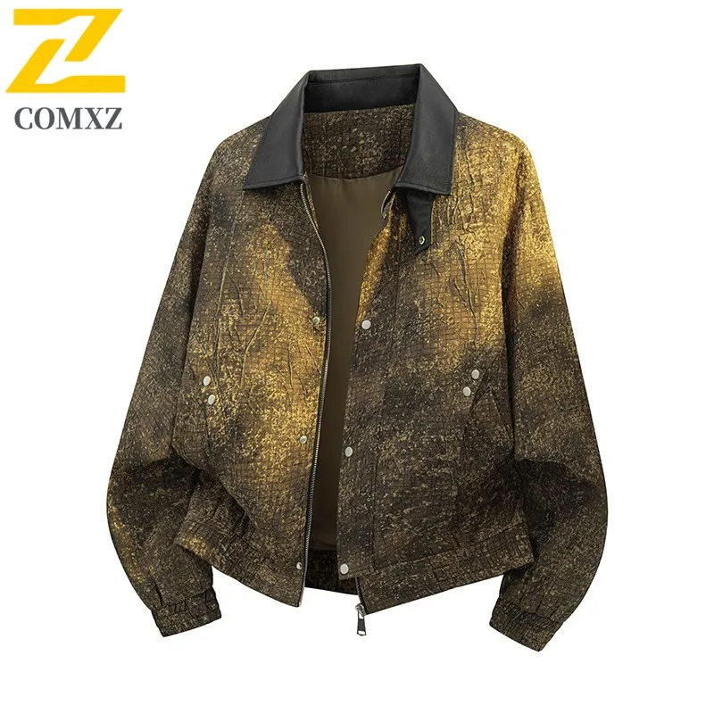 เสื้อแจ็คเก็ตผู้ชายคอตั้ง COMXZ สไตล์อเมริกัน เสื้อแจ็คเก็ตมอเตอร์ไซค์น้ำหนักเบา ดีไซน์คลาสสิก สวมใส่สบาย ทนทาน เสื้อผ้าฤดูใบไม้ร่วง