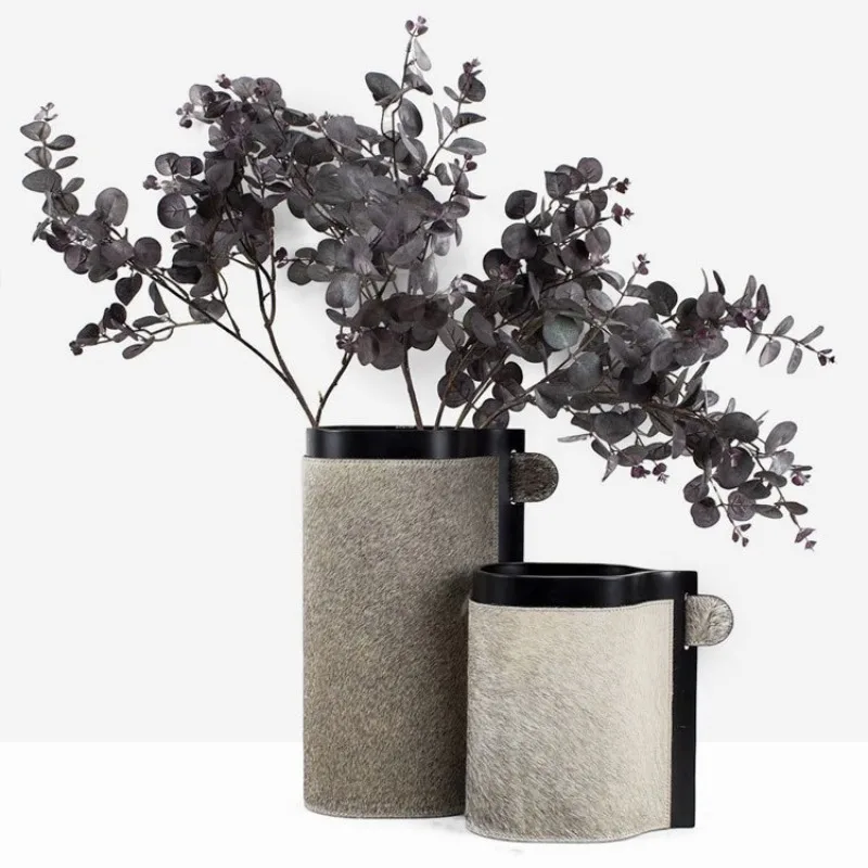 

Light luxury metal leather creative art flower ware vase ornament desktop living room decoration