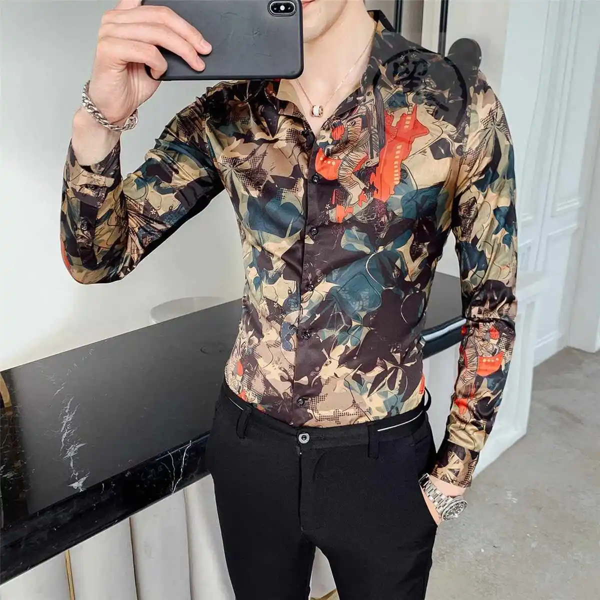 

Men's Large Slim Fit Pattern Long Swedi irt Youthful adient Sun Protection Treaent Cotton 00% Ice Sensation Autumn Wear