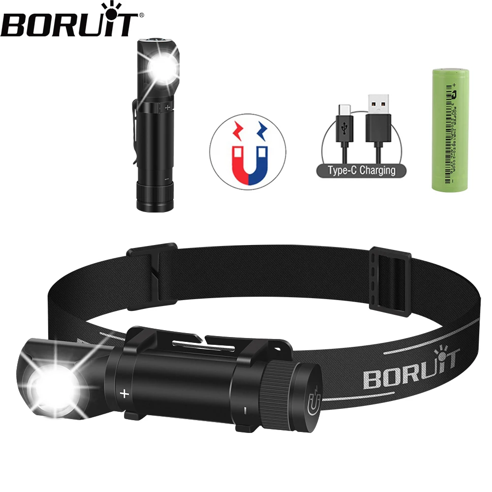 BORUiT HP100 LED Headlamp 1000LM USB Type C Rechargeable 18650  Headlight Flashlight with Magnet Tail Fishing Camping Head Torch