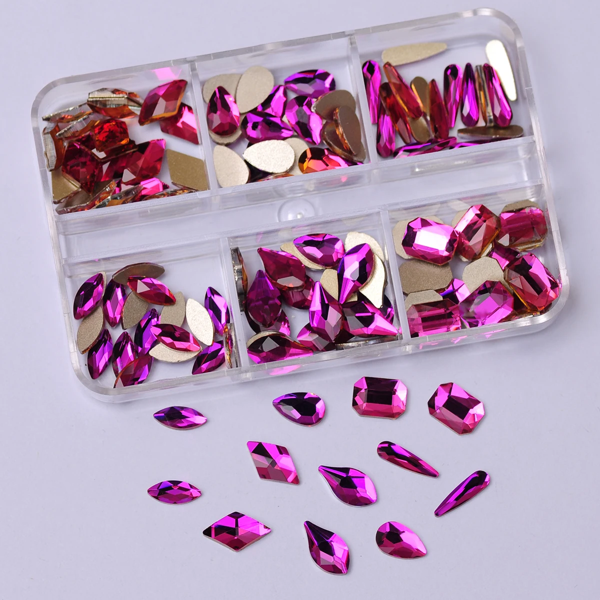 

120PCS 6 Grids Red Volcano Color Nail Accessories Rhinestones Flat Bottom Mixed Different Shapes DIY Nails Art 3D Decoration