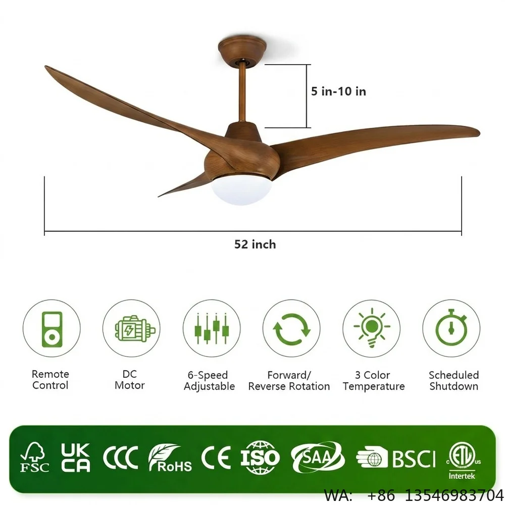 52-Inch Modern Decorative LED Ceiling Fan, Abs Blades, Silent DC Motor & Remote Control, for Household Commercial