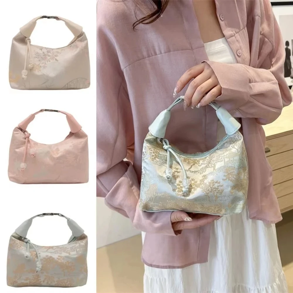 

Luxury Embroidered Shoulder Bag for Women - Elegant Nylon Crossbody Bag with Pearl Buckle, Mini Bucket Purse, Trendy Armpit Bag