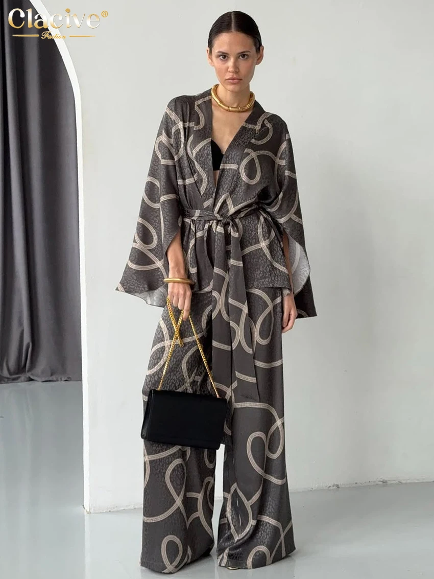 

Clacive Casual Loose Print 2 Pieces Set For Woman 2025 Elegant Long Sleeve Robes With High Waist Wide Pants Set Female Clothing