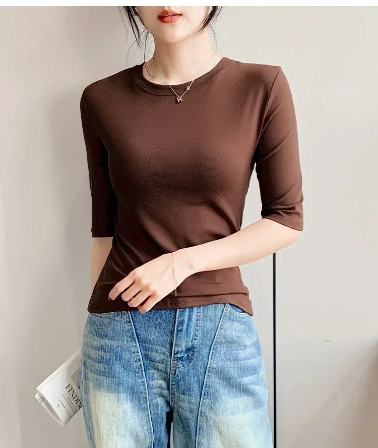 2026 Basic Einfarbiges Kurzarm-T-Shirt mit Rundhalsausschnitt, Eng Anliegend, Sommerliches Casual-Oberteil für Damen, Y2K Vintage Top, Harajuku Streetwear – Detail 34