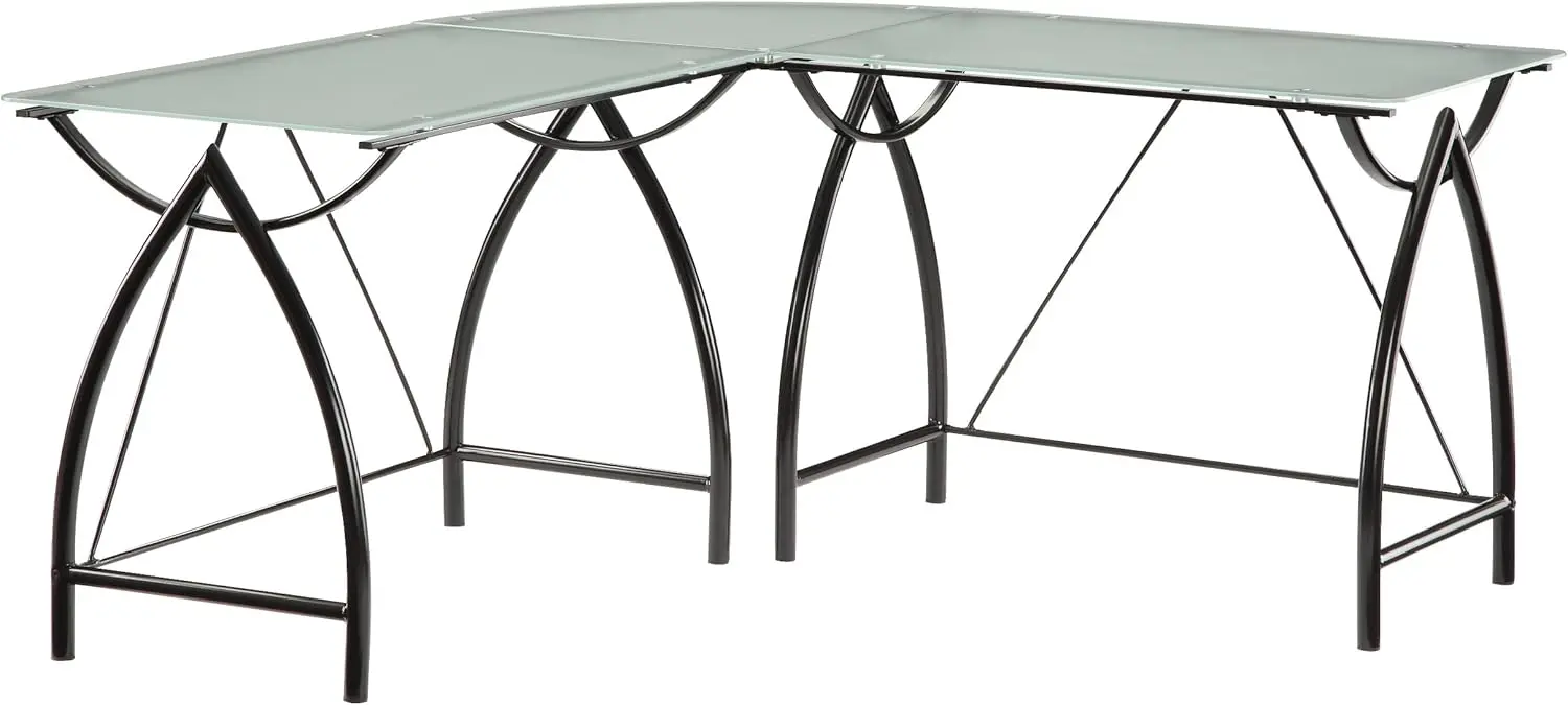 L-Shaped Computer Desk with Frosted Tempered Glass Top and Black Powder Coated Steel Frame