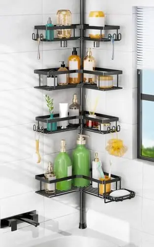 

4-Tier Adjustable Shower Caddy: Rustproof Bathroom Organizer with Soap Holder & Hooks - No-Drill Corner Shelf for Renters, Black