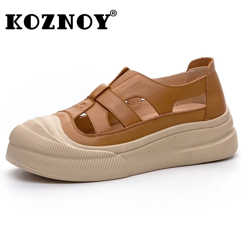 Koznoy 5cm Weave Genuine Leather Slippers Flats Women Fashion Sandals Hollow Slip on Summer Sandal Platform Wedge Pumps Flats