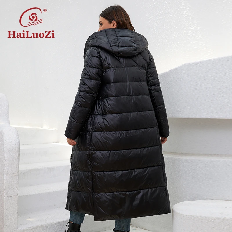 HaiLuoZi-Parkas mi-longs pour femmes, vestes d'hiver, capuche optique, fermeture éclair, ceinture, classique, décontracté, grande taille, chaud, nouveau, 2022, 6037