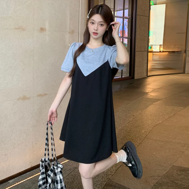 

Summer New Fake Two Piece Elegant Large Size Slim Loose Dress Korean Style Casual Dress Short Skirt