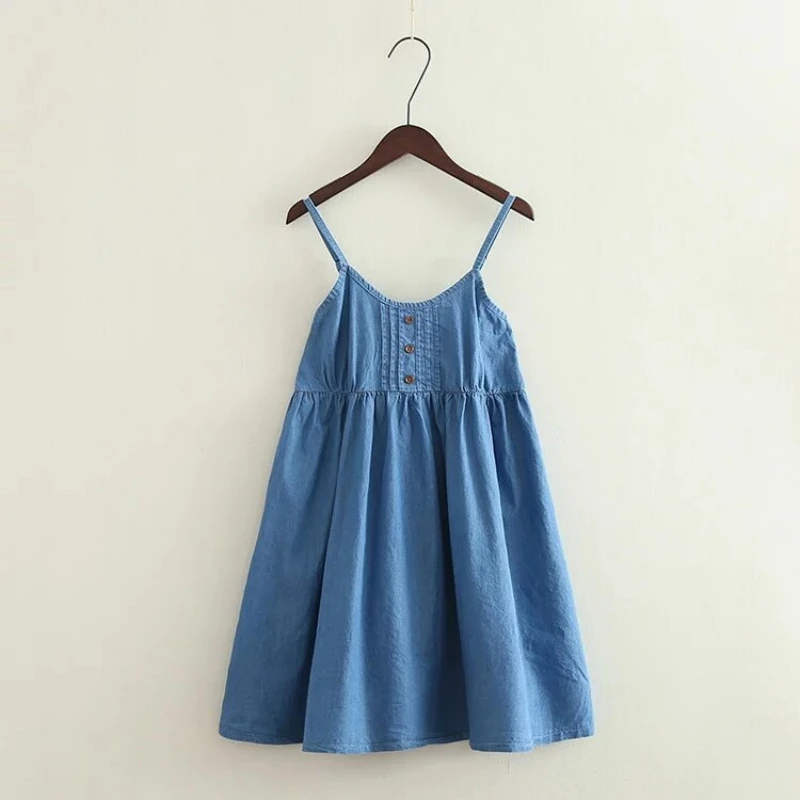 

Japan Style Women Summer Denim Dresses Lolita Mori Girl Spaghetti Strap Cotton Jeans Slip Dress Mini Sundress jurk dames