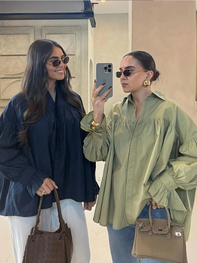 

Повседневные рубашки, женские свободные рубашки-фонарики на пуговицах с отложным воротником, плиссированная блузка, женские весенне-летние зеленые рубашки, женские универсальные