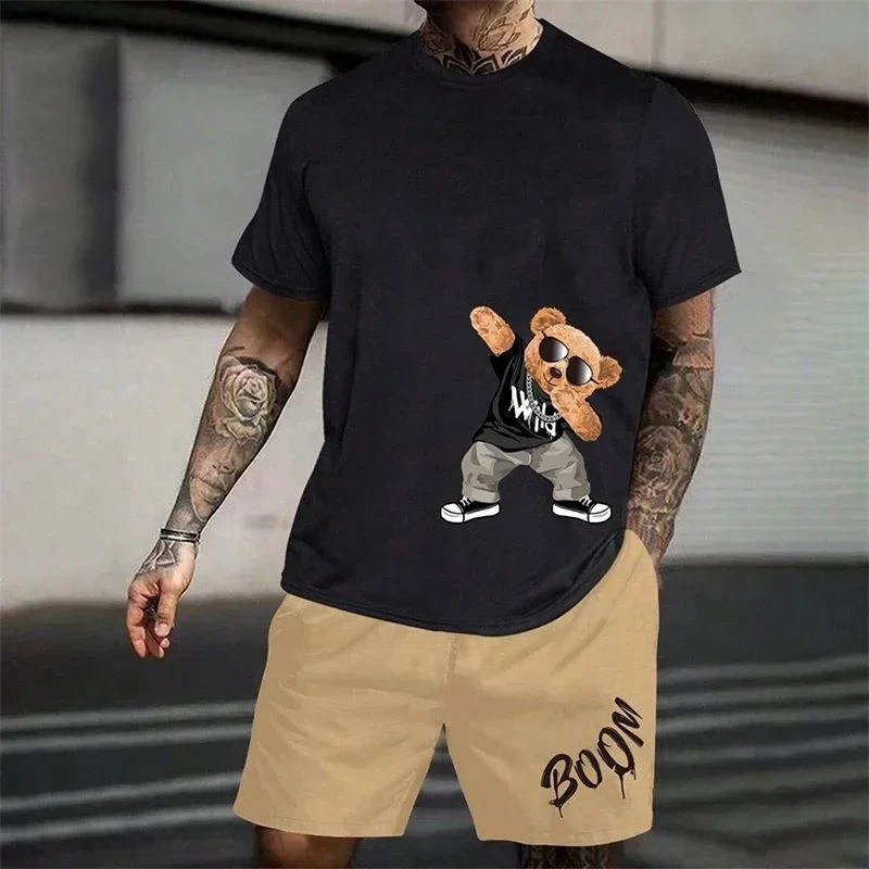 Men's fashion 3D teddy bear printed T-shirt shorts 2-piece set summer breathable fashion breathable quick drying 2-piece set - Image 3