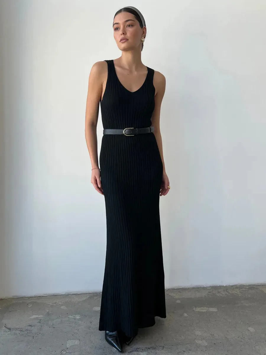 أزياء الصلبة متماسكة سليم حزام فساتين الربيع النساء الخامس الرقبة أكمام فستان طويل جديد الصيف عالية الخصر تريكو طول الركبة اللباس