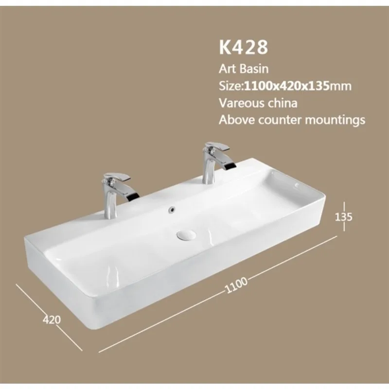 

Двойная прямоугольная раковина из керамики, 1.1 метра в длину, с двумя отверстиями для смесителя.