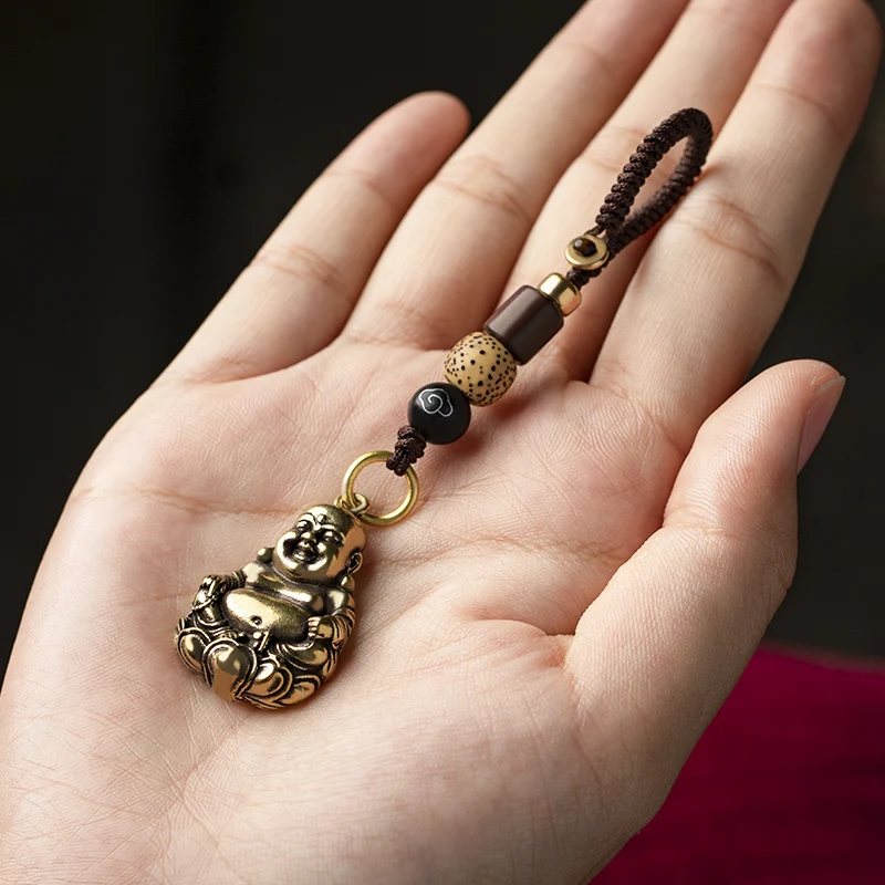 handcrafted-bronze-happy-buddha-motorcycle-keychain-pendant-men's-style-retro-metal-car-key-holder-creative-gift-keychain