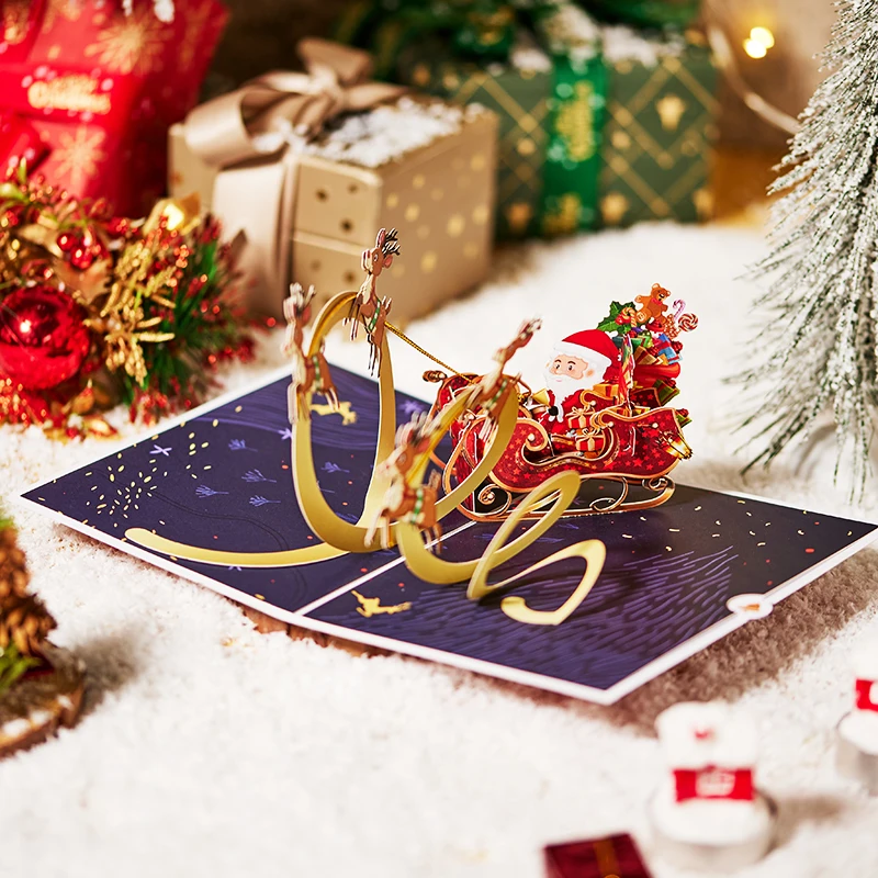 3D-Pop-up-Karte mit fliegendem Schlitten, Weihnachtsthema-Feiertag, Hersteller für festliche Atmosphäre.