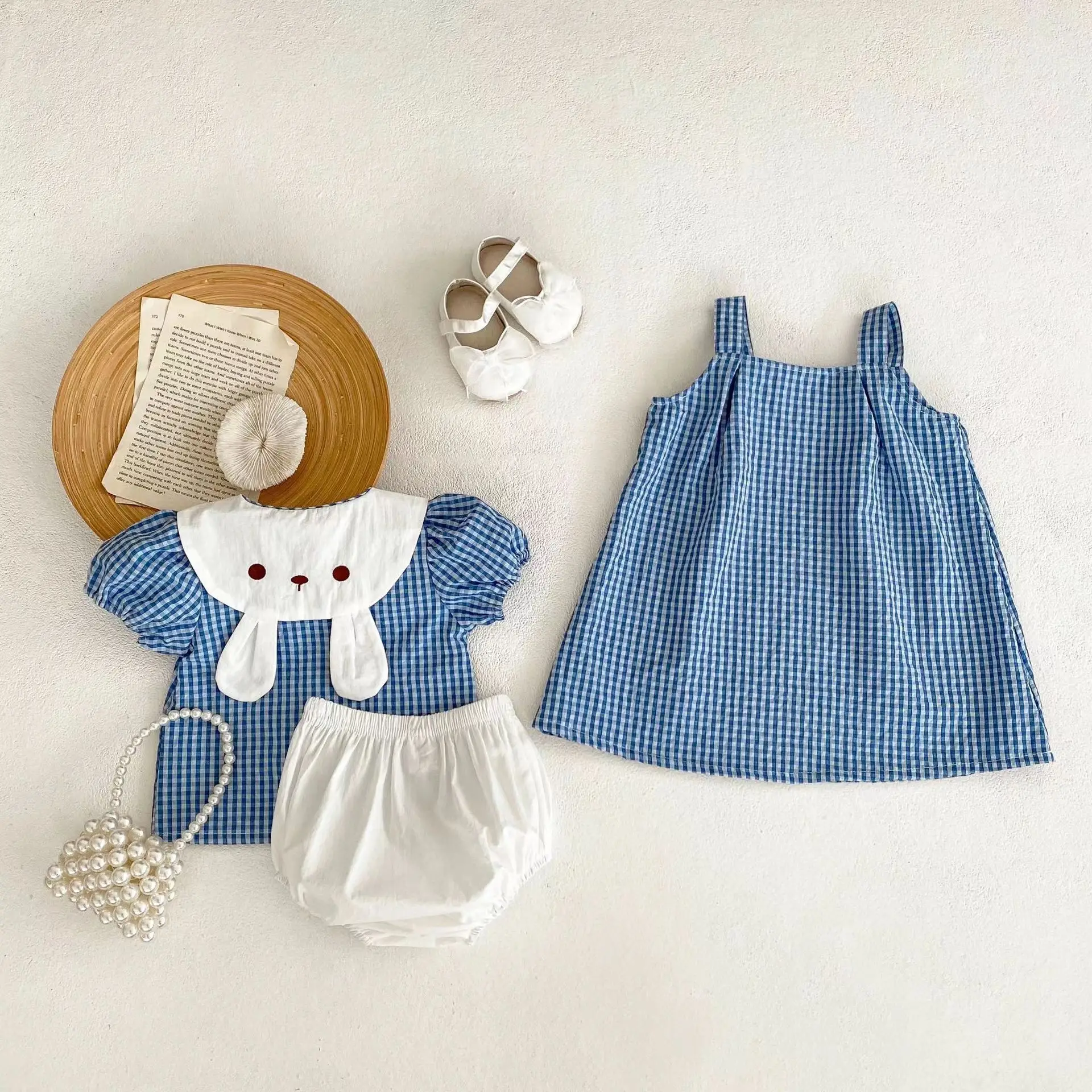 2024 Summer Infant and Toddler Girl Rabbit Doll Collar Checkered Top+Versatile Bread Pants 2-piece Set