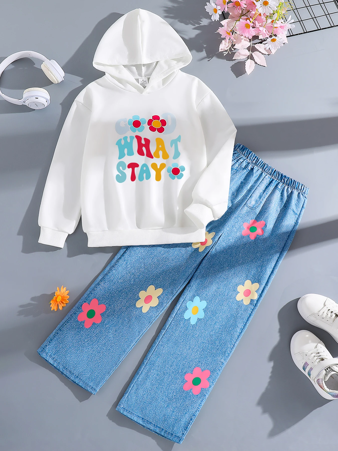 

Girls Autumn Fashion Simple Set Letter Printed White Hooded Sweatshirt Loose Straight Leg Pants Children's Clothing Ensemble