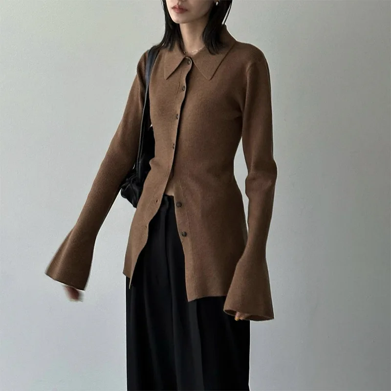 

Women Slim Fit Knitwear 2023 Autumn and Winter Trumpet Sleeve Cardigan Warm Lapel Sweater Cardigans
