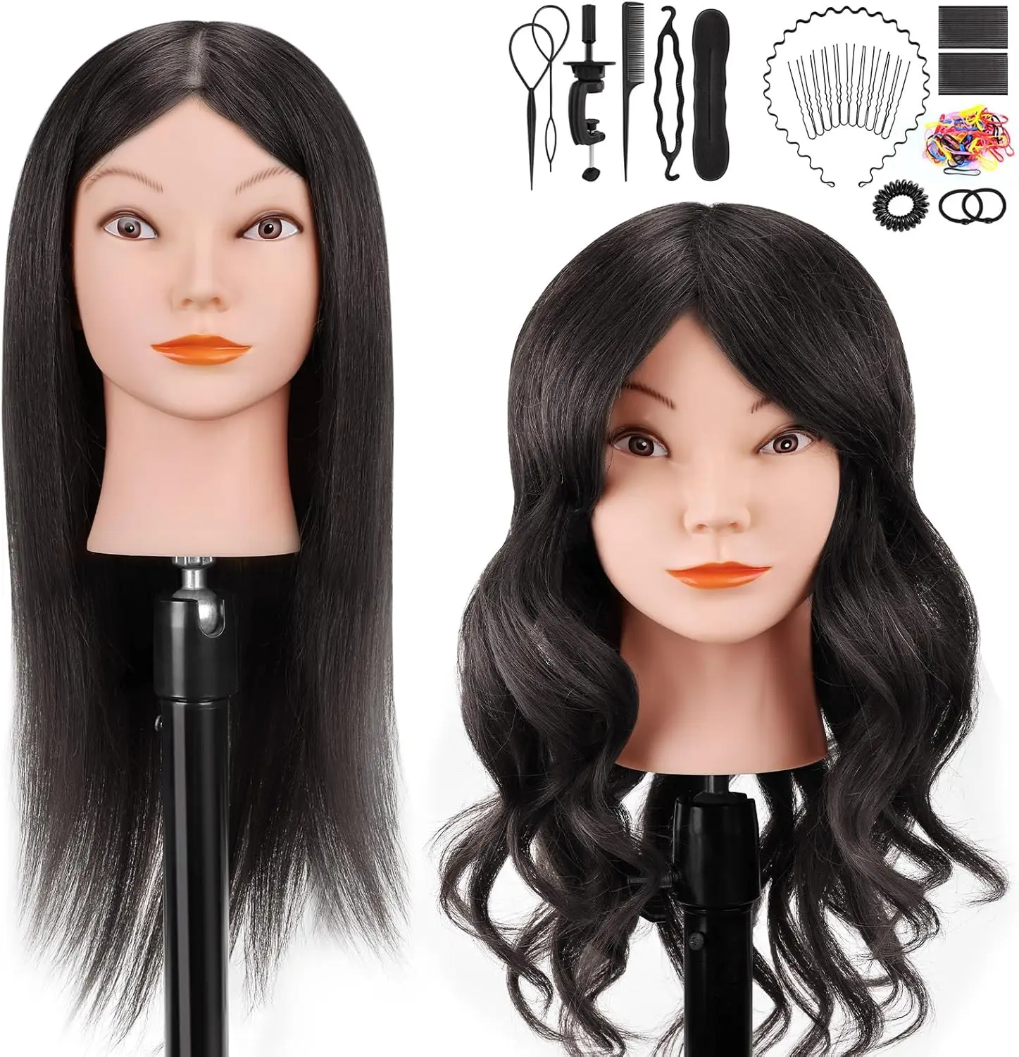 

100% настоящие волосы, голова манекена с зажимом, парикмахерский косметологический манекен, тренировочная практика, укладка, голова куклы, черный цвет
