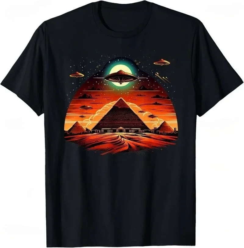

Aliens UFO Pyramids Egyptian Graphic Tee Men's Breathable Cotton Short Sleeve T-Shirt Trip
