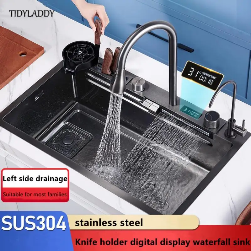 

Kitchen Sink with Multifunction Touch Waterfall Faucet Stainless Steel Large Single Bowl Kitchen Novel Kitchen Accessories