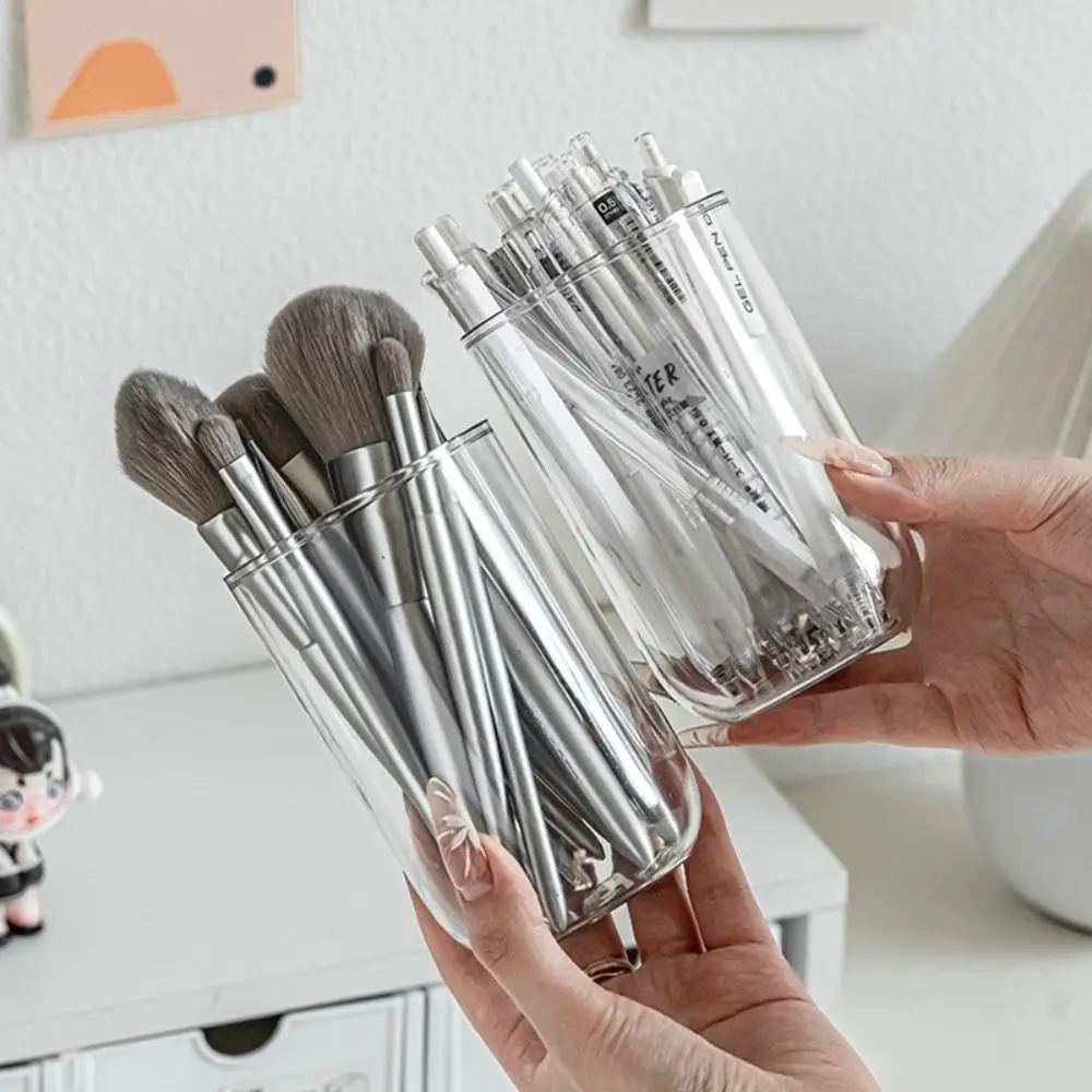 Minimalist Plastic Pen Holder Transparent Oval Pen Container Stationery Storage Bucket Makeup Brush Holder Desktop Organizer