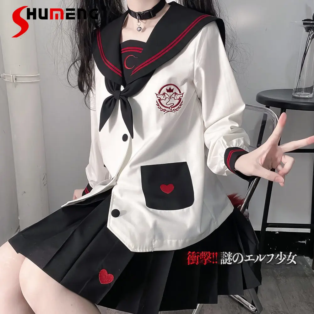 Original Cute Jk Uniform Suit Japanese College Style Sweet Long Sleeve Sailor Suit Top Short Pleated Black Skirt 2 Pieces Set