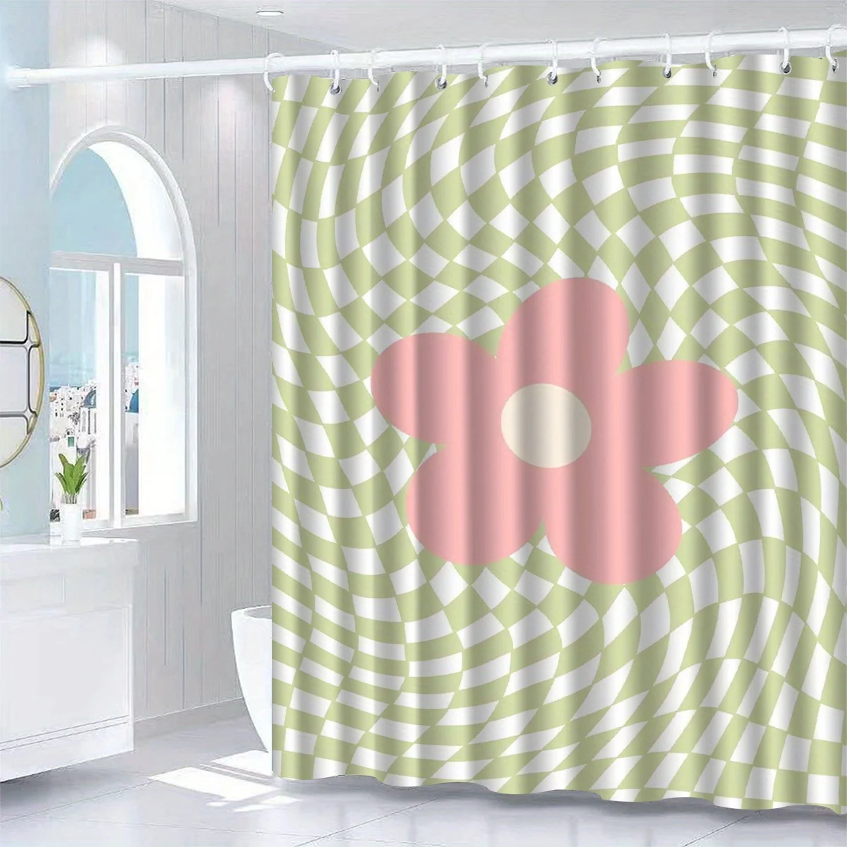 

Elegant Waterproof Shower Curtain Green Pink Floral Geometrics Bathroom Decor 180x180cm Modern Shower Screen Curtain