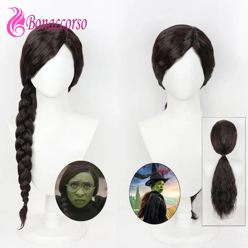 Wicked Elphaba 코스프레 중간 부분 합성 긴 곱슬 애니메이션 Coser 귀여운 소녀 고품질 땋은 가발 할로윈 사용