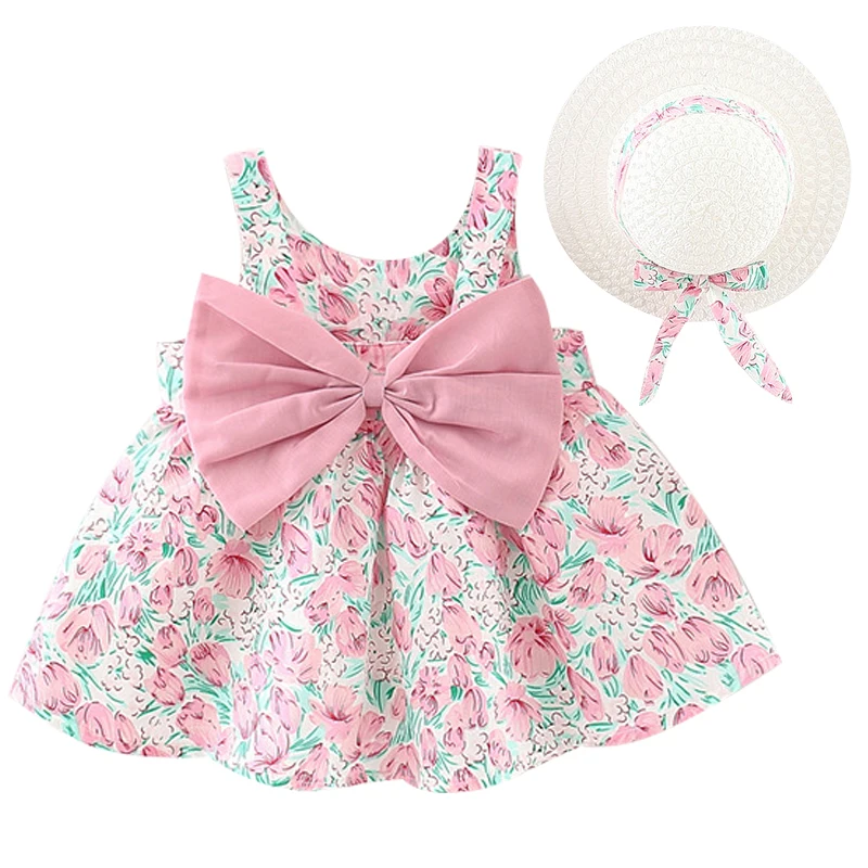 

2Piece Summer Baby Dresses Fashion Flower Cute Bow Cotton Beach Princess Dress+Hat Girls Boutique Outfits Infant Clothes BC177